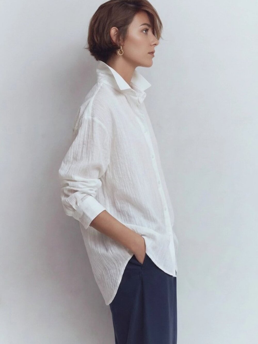 New York & Co Off White Long Sleeve Lightweight Sheer Cotton Button Down Shirt - Picture 4 of 7